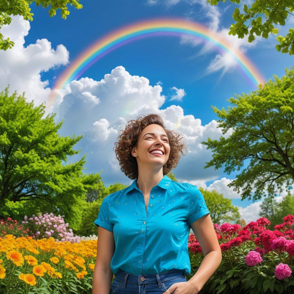 A cheerful person looking at a colorful weather forecast screen filled with sun, rainbows, and light clouds, surrounded by vibrant green trees and blooming flowers, embodying positive and uplifting emotions related to climate. The background features a bright blue sky with fluffy white clouds, enhancing the joyful theme. super-realistic. vibrant colors. white background.