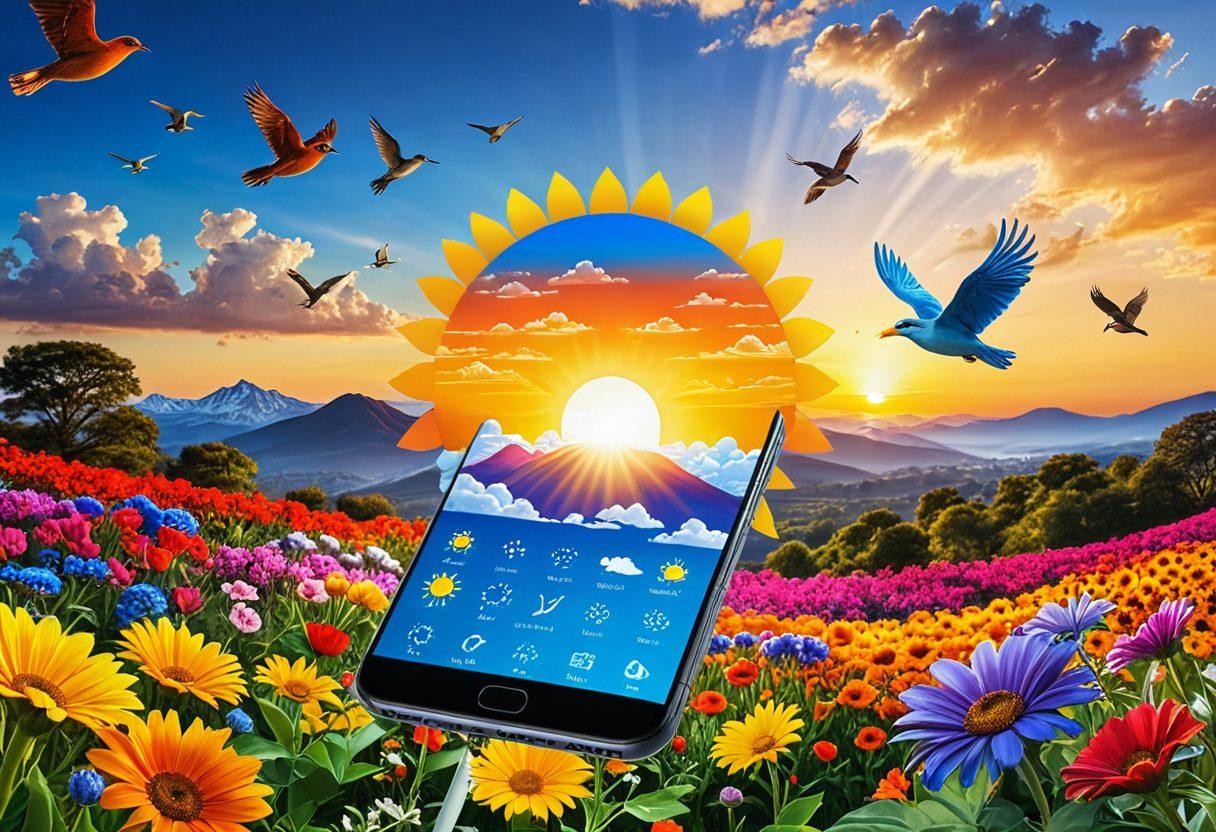 A cheerful sun rising over a vibrant landscape, with colorful flowers blooming and birds flying in a bright blue sky. In the foreground, a digital weather app on a smartphone displays sunny weather icons and daily updates, conveying a sense of joy and optimism. The scene radiates warmth and happiness, inviting viewers to embrace the beauty of each day. vibrant colors. super-realistic.