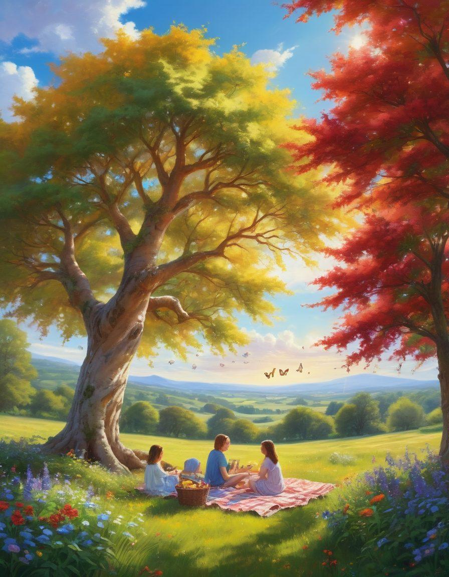 A sunny landscape featuring a bright blue sky with fluffy white clouds, colorful flowers blossoming in a lush green field, and a joyful family enjoying a picnic under a large tree. Incorporate cheerful weather elements like a smiling sun and playful butterflies. The scene radiates positivity and happiness, inviting viewers to embrace a cheerful climate. vibrant colors. super-realistic.